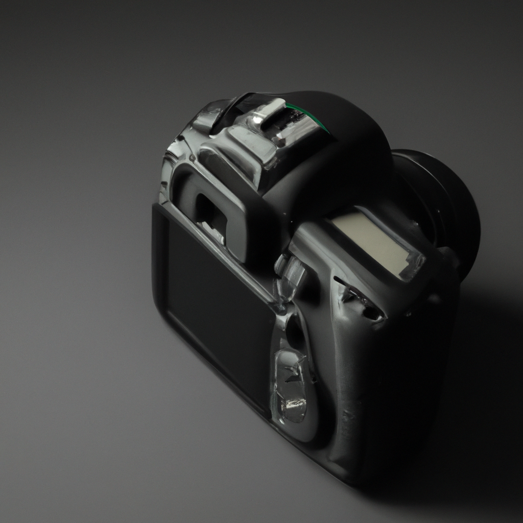 Cámara de fotoperiodismo sobre fondo gris claro, lente 50mm con iluminación suave y detalles nítidos